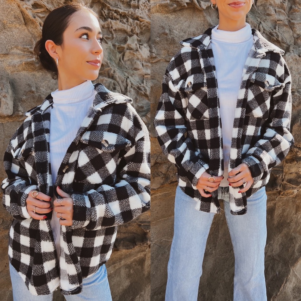 black plaid fleece jacket